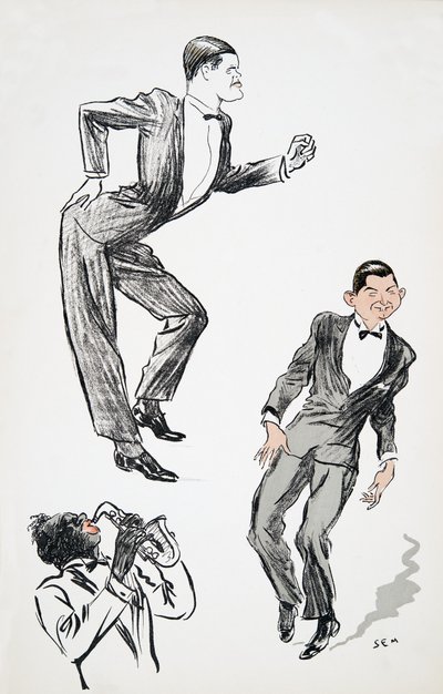 Two men in black tie dance to a musician on the saxophone, from White Bottoms, pub. 1927 by Sem